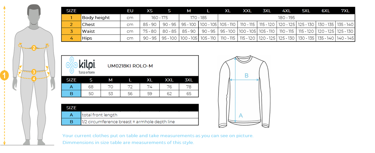 Men´s stretch middle layer Kilpi ROLO-M – Size chart