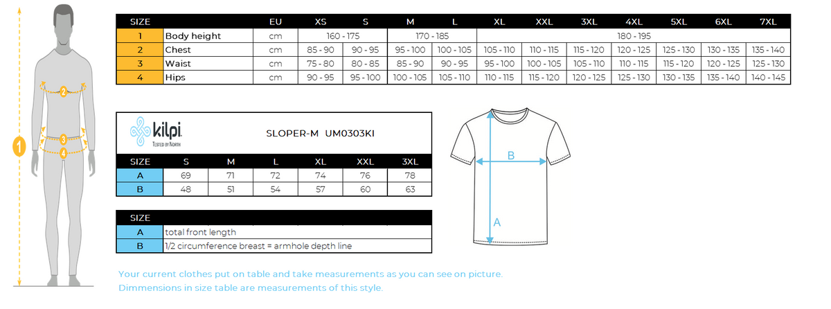 Herren-T-Shirt aus Merinowolle Kilpi SLOPER-M – Größentabelle