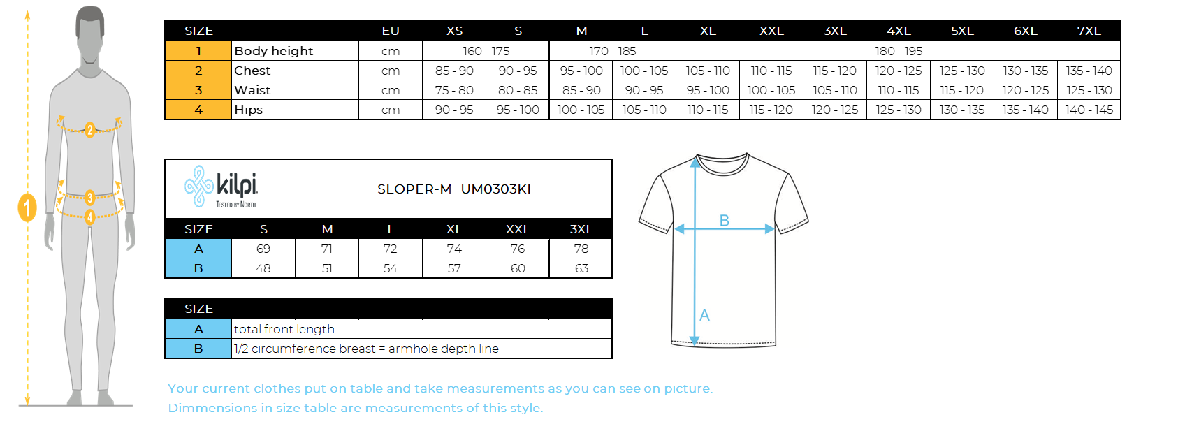 Herren-T-Shirt aus Merinowolle Kilpi SLOPER-M – Größentabelle