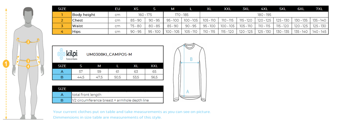 Men´s long sleeve cycling jersey Kilpi CAMPOS-M – Size chart