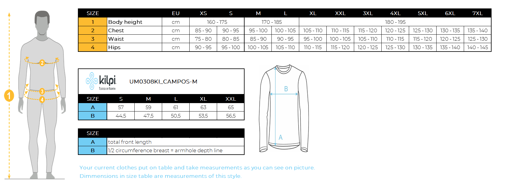 Men´s long sleeve cycling jersey Kilpi CAMPOS-M – Size chart