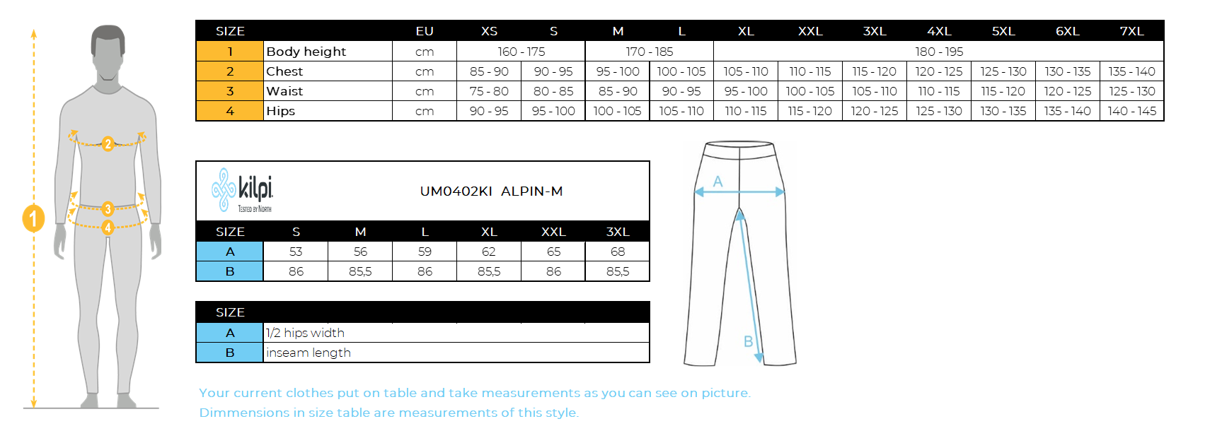 Wasserdichte Herrenhose Kilpi ALPIN-M – Größentabelle