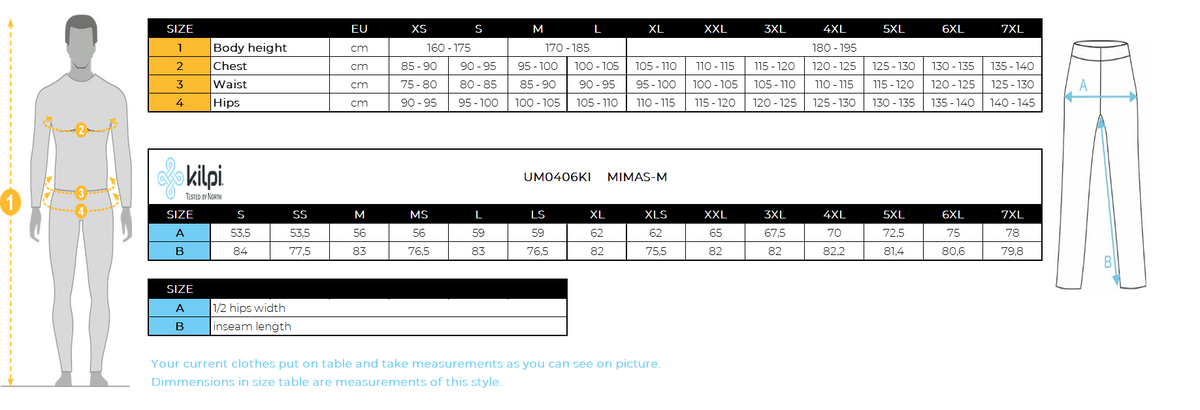 Herren-Skihose KILPI MIMAS-M – Größentabelle