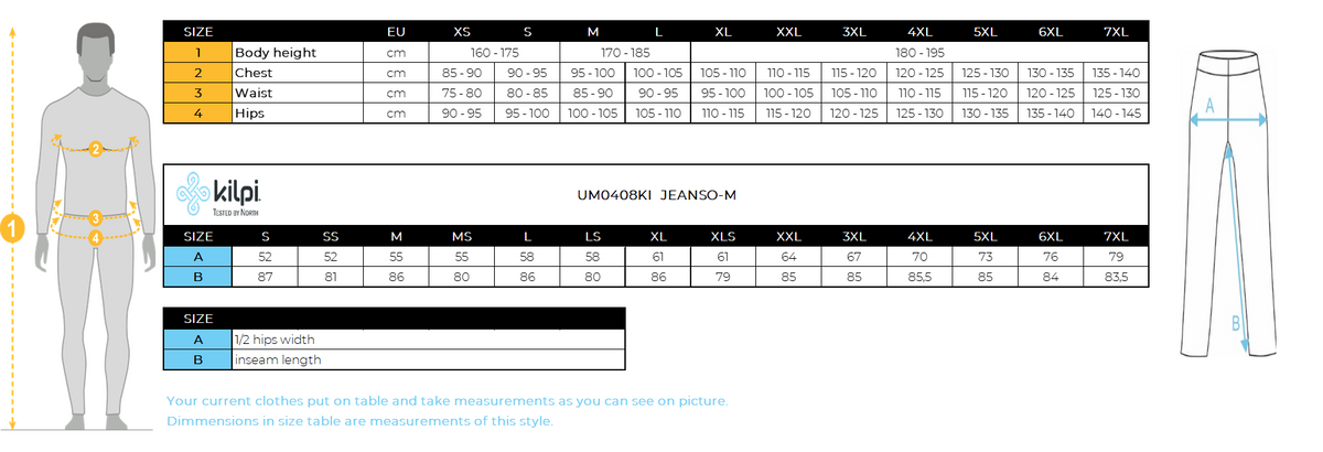 Herren Softshell-Skihose Kilpi JEANSO-M – Größentabelle
