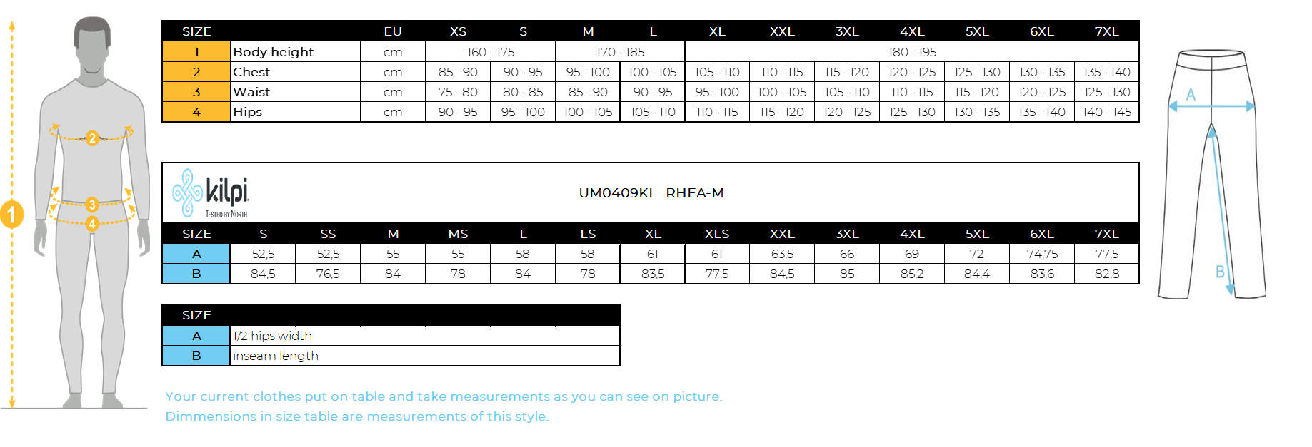 Men´s softshell ski pants Kilpi RHEA-M – Size chart