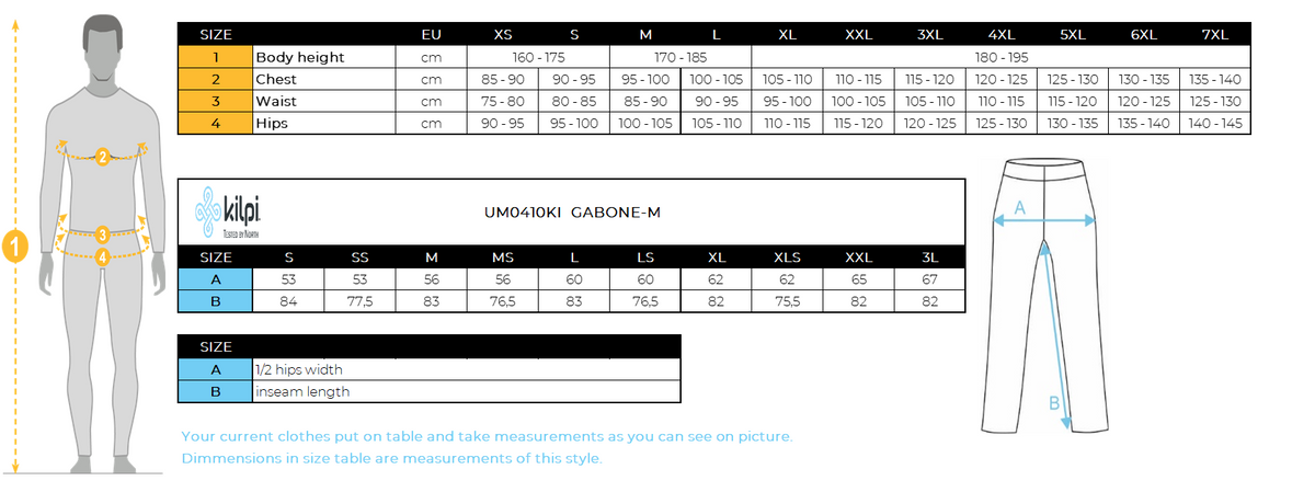 Herren-Skihose KILPI GABONE-M – Größentabelle