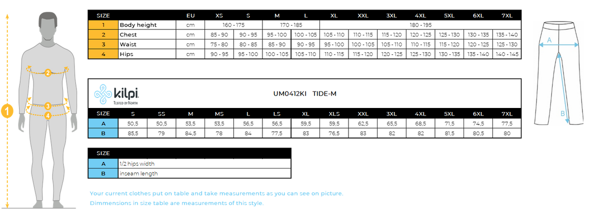 Herren-Outdoor-Hose Kilpi TIDE-M – Größentabelle