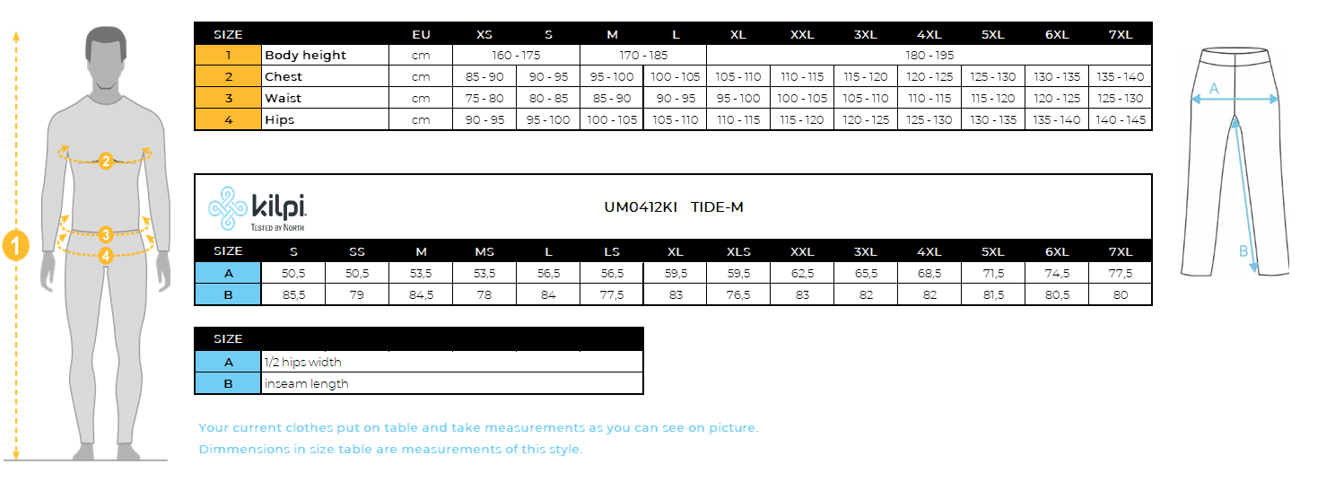 Herren-Outdoor-Hose Kilpi TIDE-M – Größentabelle