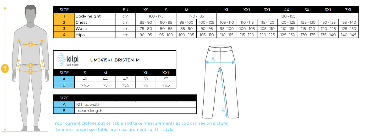 Men´s skitouring leggings Kilpi BRISTEN-M – Size chart