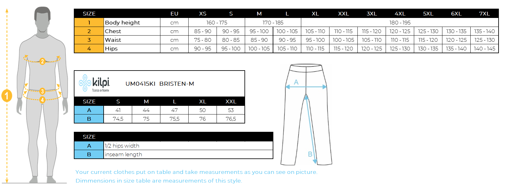 Men´s skitouring leggings Kilpi BRISTEN-M – Size chart