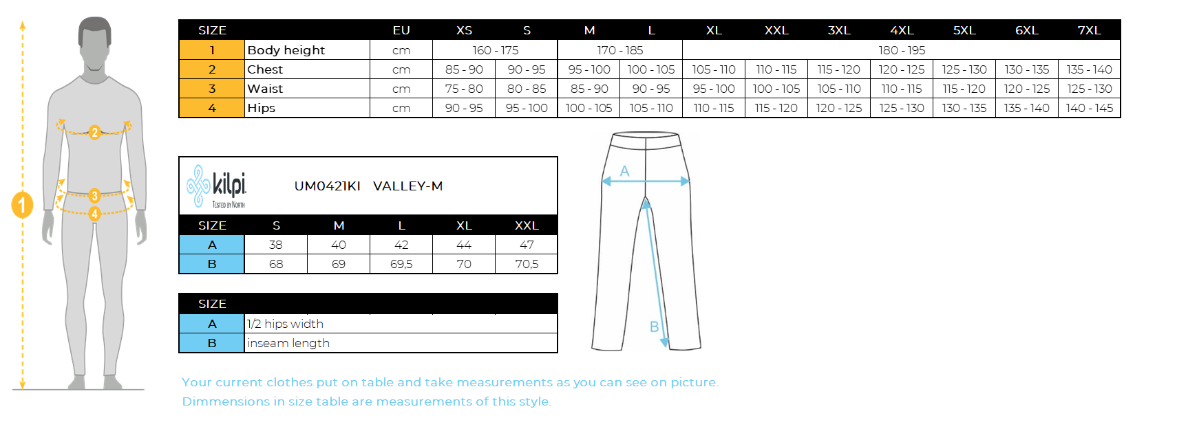 Herren-Radhose Kilpi VALLEY-M – Größentabelle