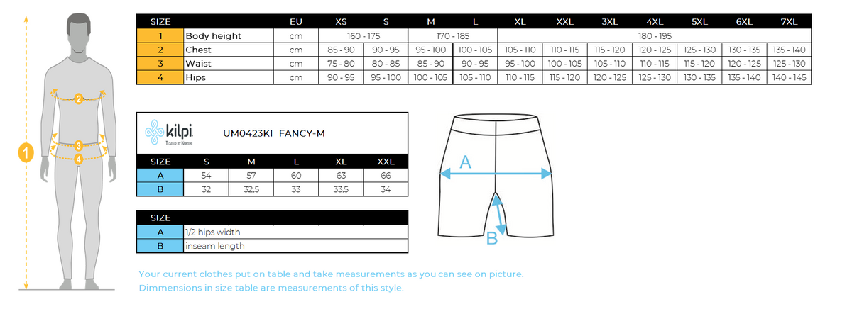 Men´s insulated shorts Kilpi FANCY-M – Size chart