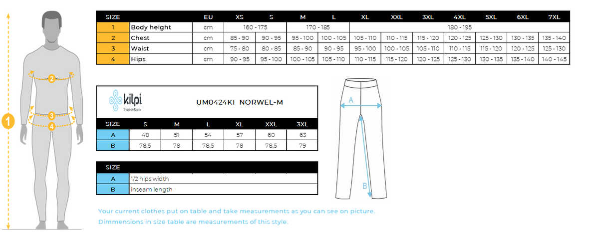 Men´s running pants Kilpi NORWEL-M – Size chart