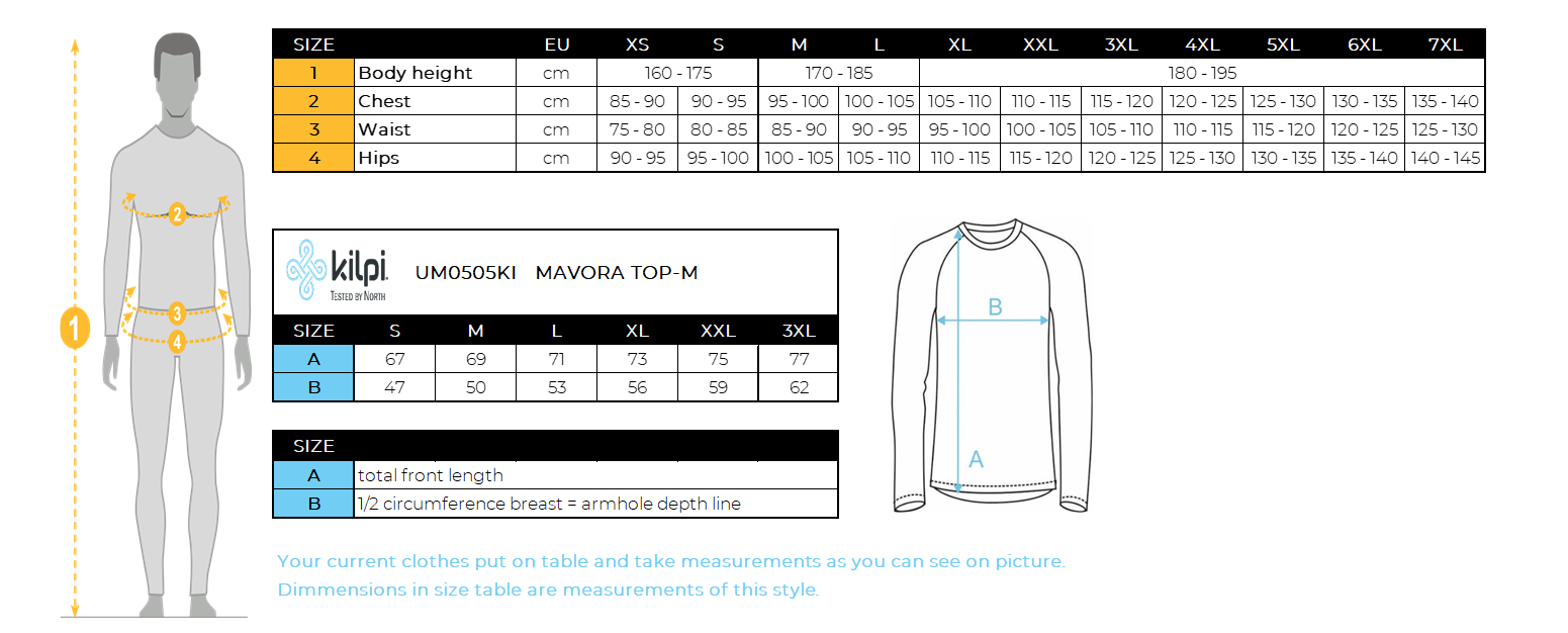 Herren-Basisschicht Kilpi MAVORA TOP-M – Größentabelle