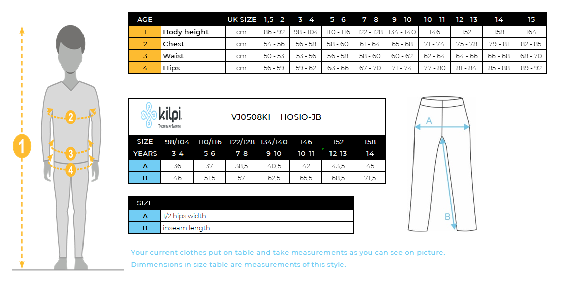 Outdoor-Hose für Jungen Kilpi HOSIO-JB – Größentabelle