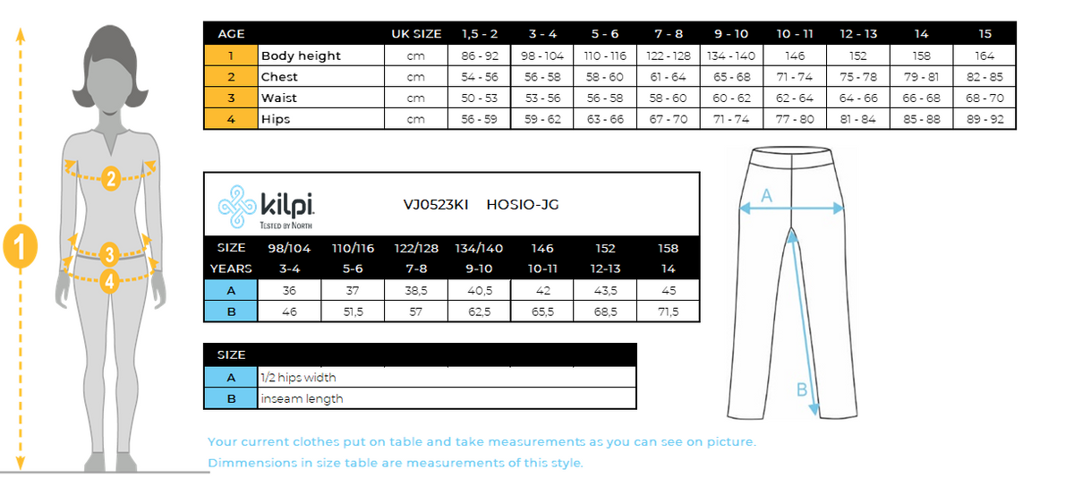 Mädchen-Outdoorhose Kilpi HOSIO-JG – Größentabelle