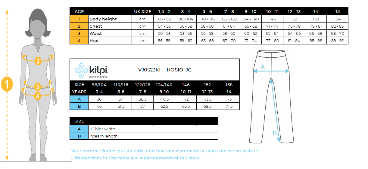 Mädchen-Outdoorhose Kilpi HOSIO-JG – Größentabelle