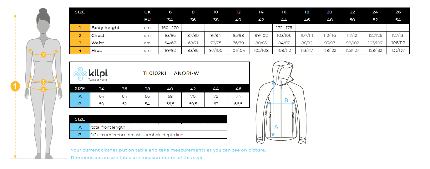 Women´s ultralight running jacket Kilpi ANORI-W – Size chart