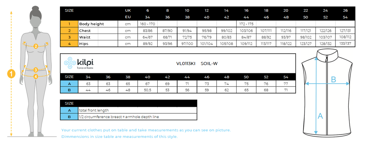 Damen-Softshellweste Kilpi SOIL-W – Größentabelle