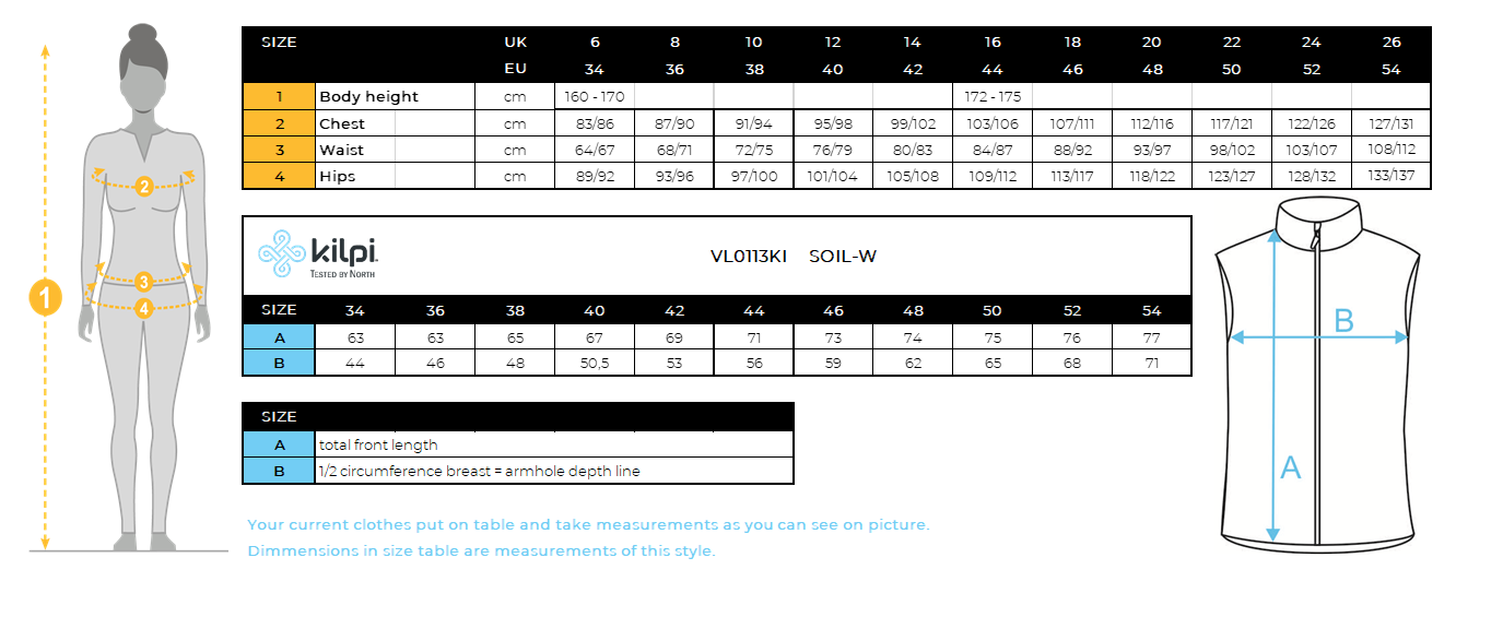 Damen-Softshellweste Kilpi SOIL-W – Größentabelle