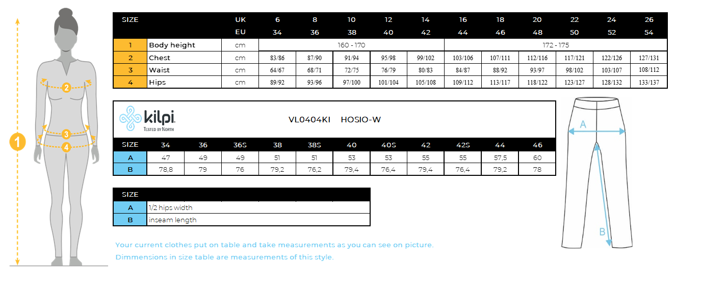 Damen Outdoorhose 2 in 1 Kilpi HOSIO-W – Größentabelle