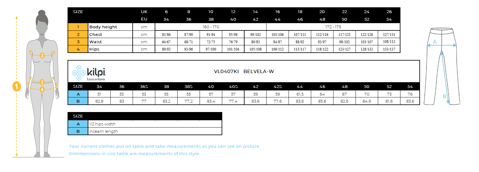 Women´s outdoor pants Kilpi BELVELA-W – Size chart