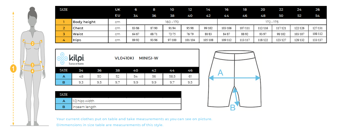Damen Sportshorts Kilpi MINISI-W – Größentabelle
