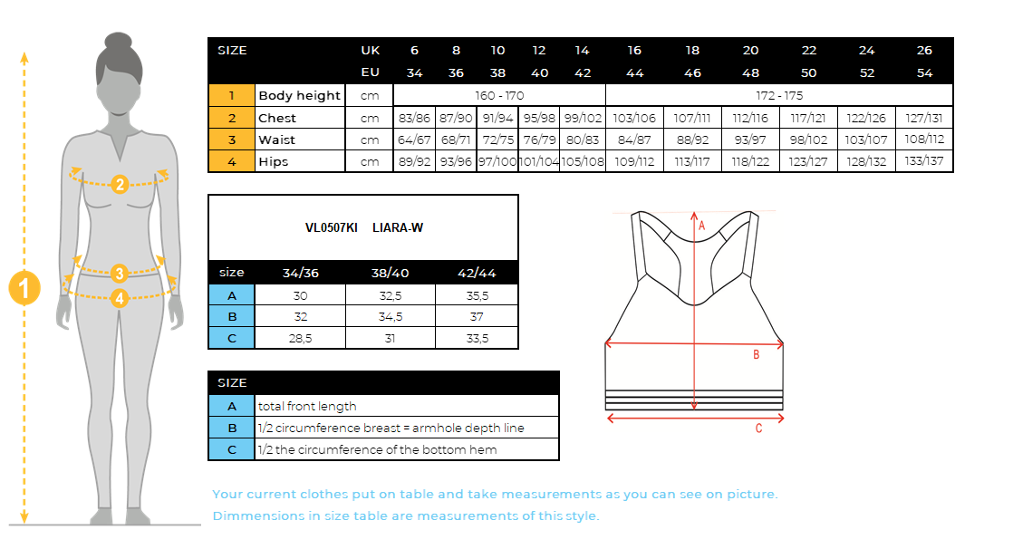 Women´s seamless crop top Kilpi LIARA-W – Size chart