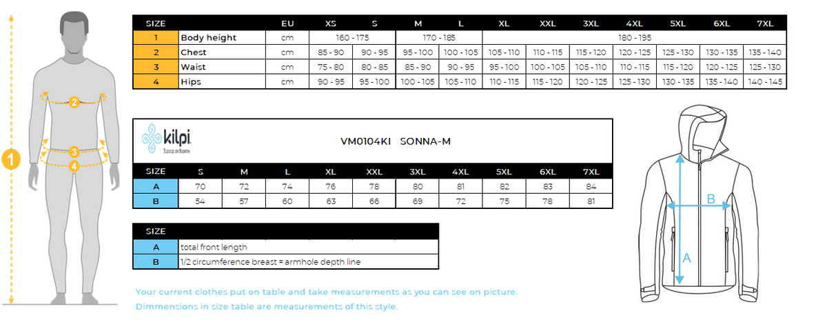 Men´s outdoor jacket Kilpi SONNA-M – Size chart