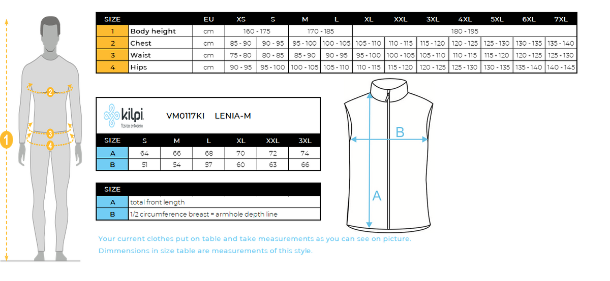 Herren-Fleeceweste Kilpi LENIA-M – Größentabelle