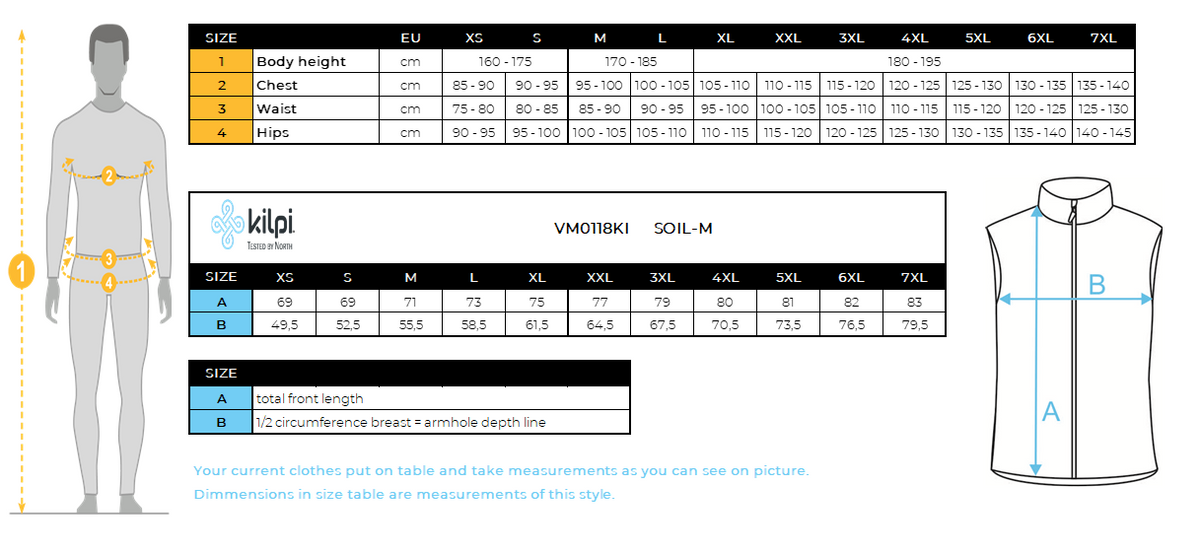 Men´s softshell vest Kilpi SOIL-M – Size chart
