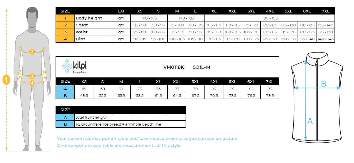 Men´s softshell vest Kilpi SOIL-M – Size chart