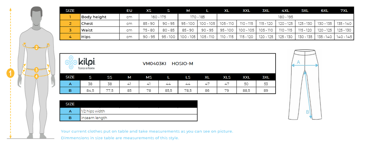 Herren Outdoorhose 2 in 1 Kilpi HOSIO-M – Größentabelle