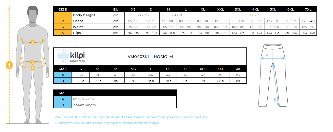 Herren Outdoorhose 2 in 1 Kilpi HOSIO-M – Größentabelle