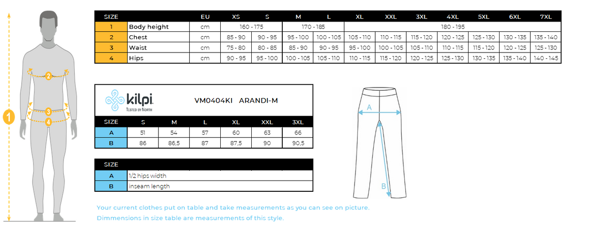 Men´s outdooro pants Kilpi ARANDI-M – Size chart