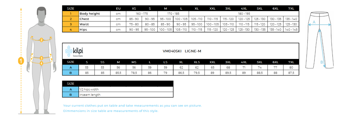 Herren Outdoorhose Kilpi LIGNE-M – Größentabelle
