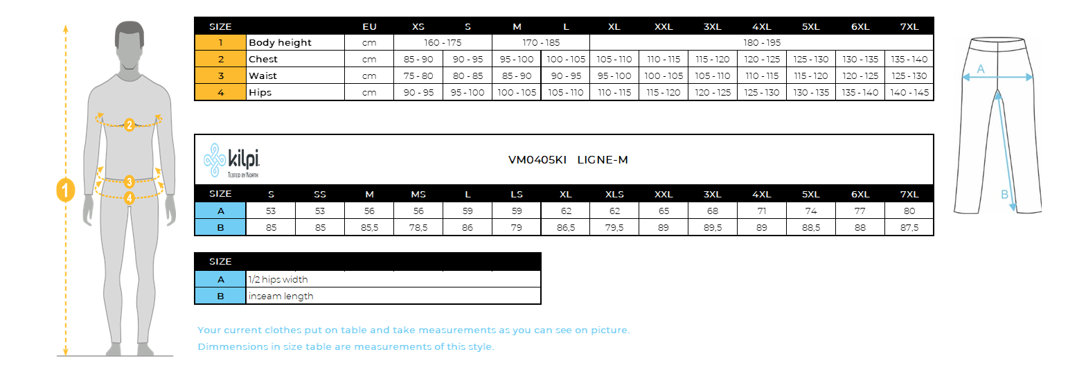 Herren Outdoorhose Kilpi LIGNE-M – Größentabelle