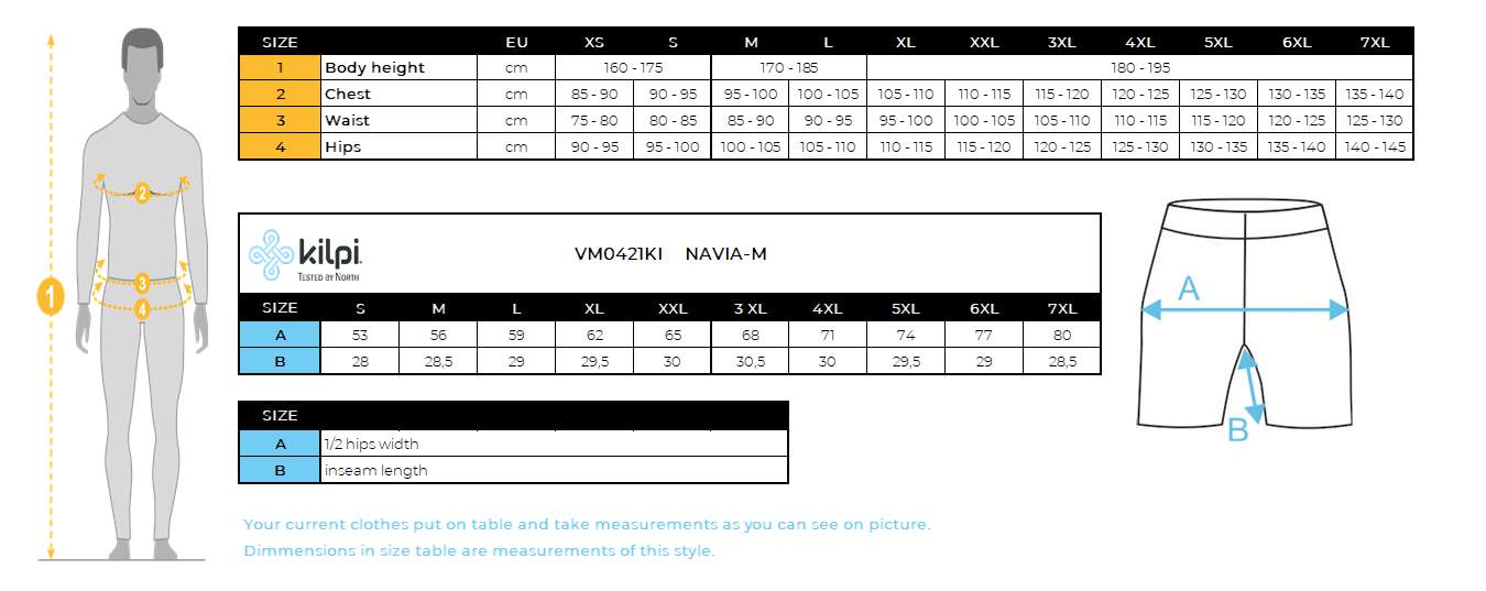 Men´s shorts Kilpi NAVIA-M – Size chart