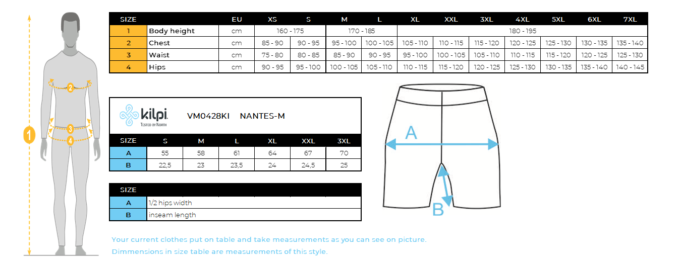 Men´s fitness shorts Kilpi NANTES-M – Size chart