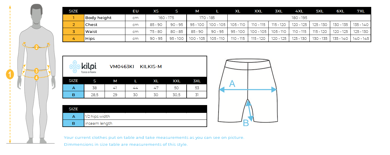 Men´s cargo shorts Kilpi KILKIS-M – Size chart