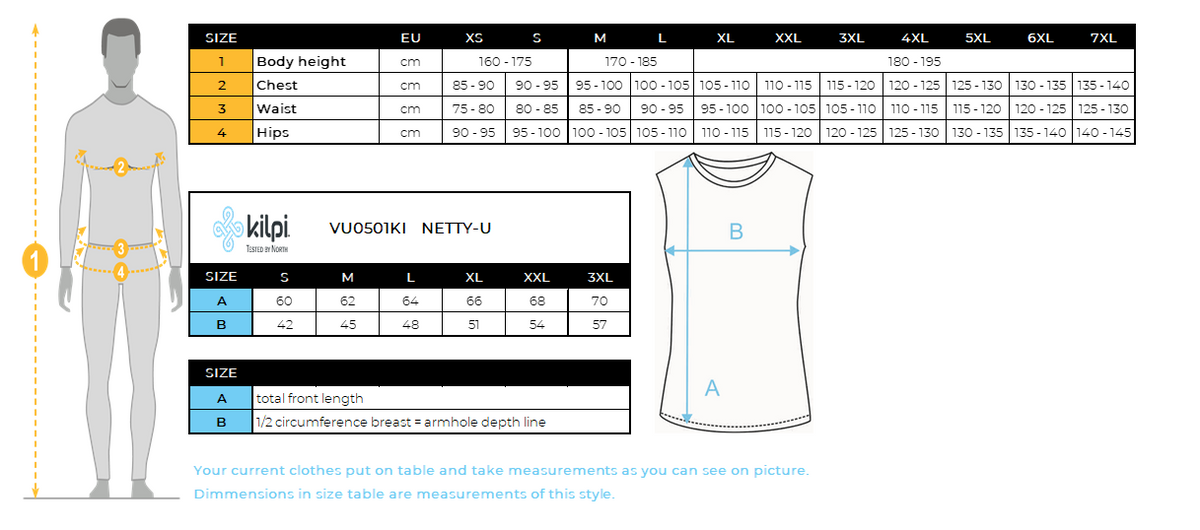 Functional undershirt Kilpi NETTY-U – Size chart