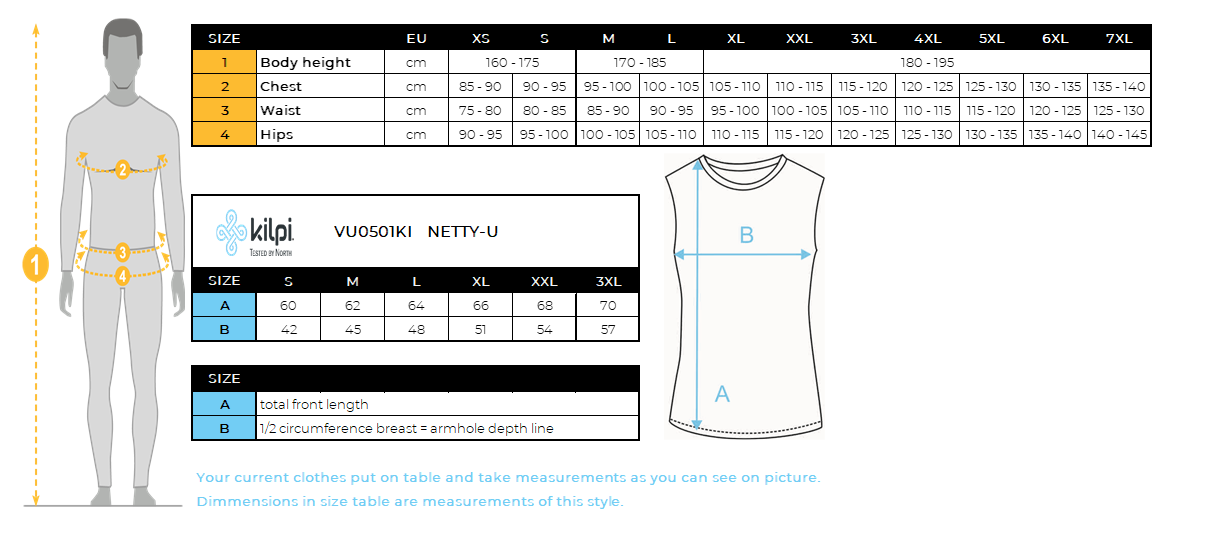Functional undershirt Kilpi NETTY-U – Size chart