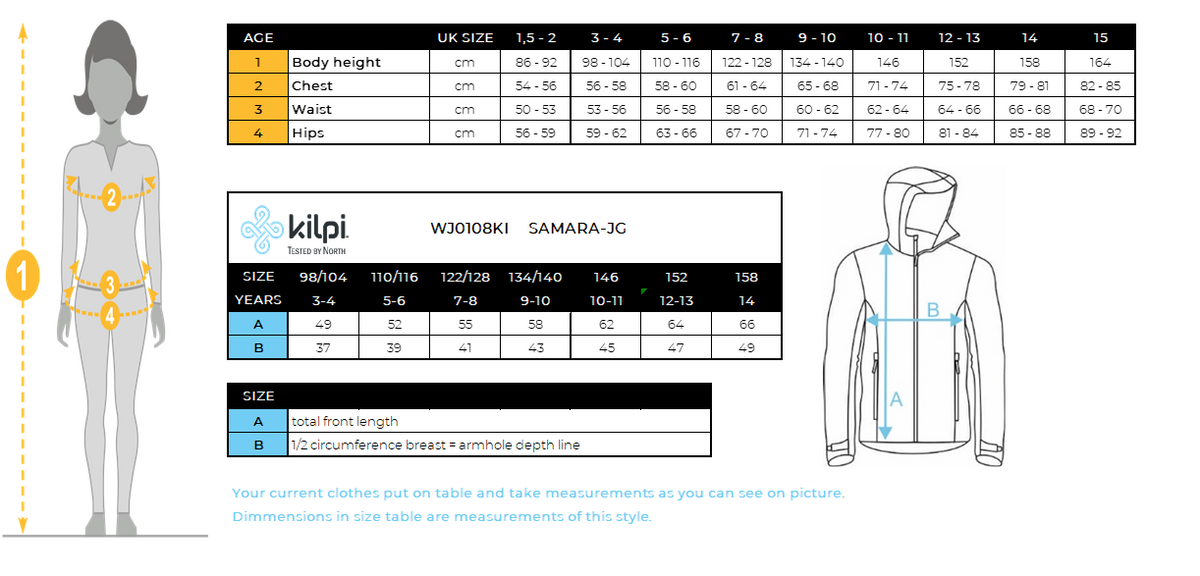 Girl´s ski jacket Kilpi SAMARA-JG – Size chart