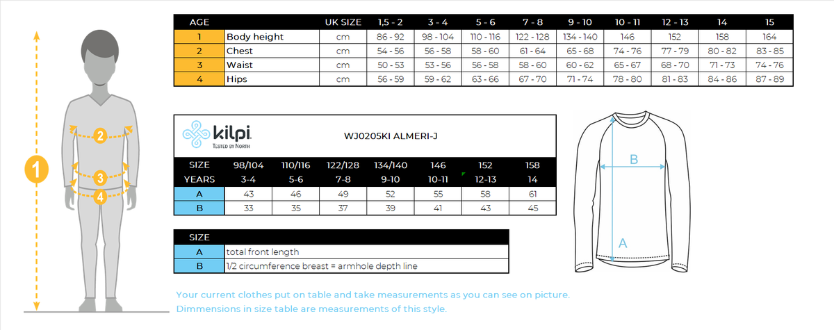 Kid´s fleece middle layer Kilpi ALMERI-J – Size chart