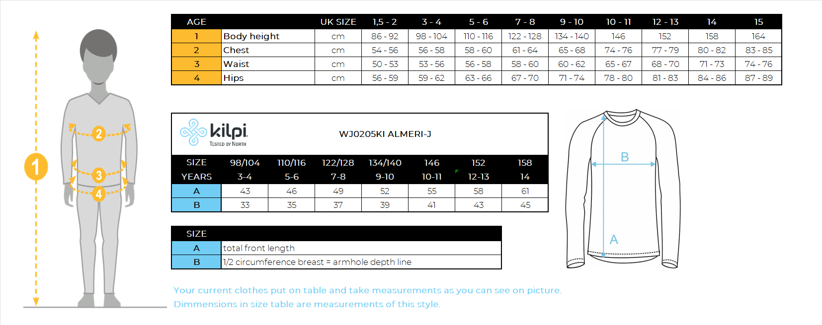 Kid´s fleece middle layer Kilpi ALMERI-J – Size chart