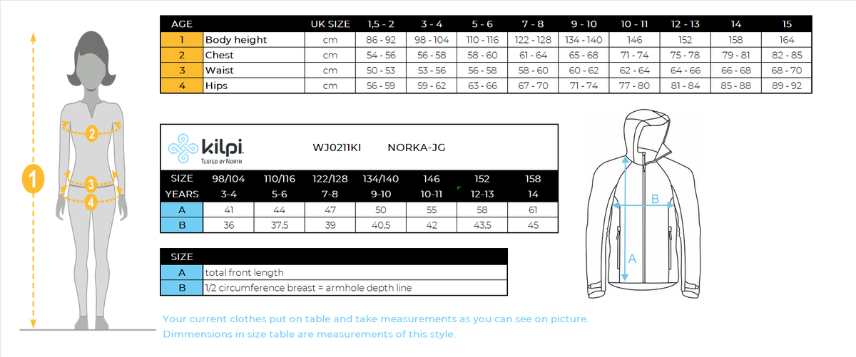 Kilpi NORKA-JG girls' warm sweatshirt – Size chart
