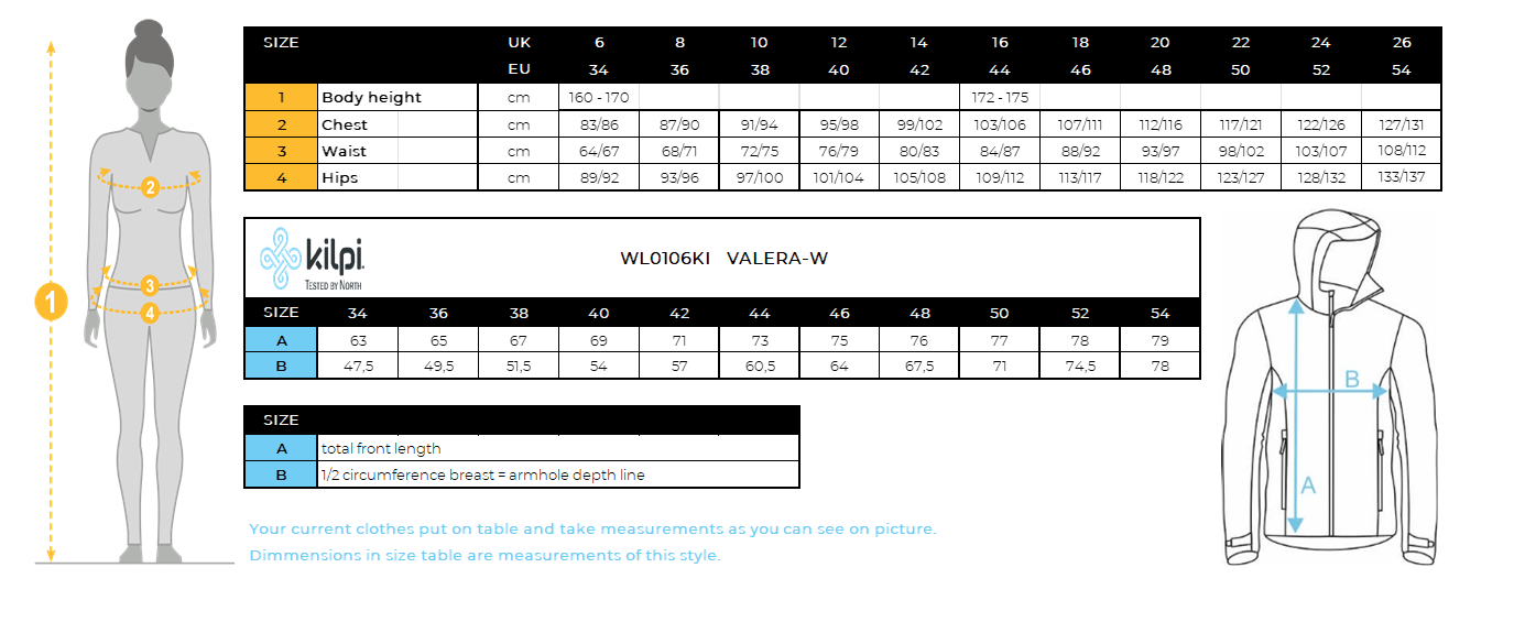 Damen-Skijacke Kilpi VALERA-W – Größentabelle