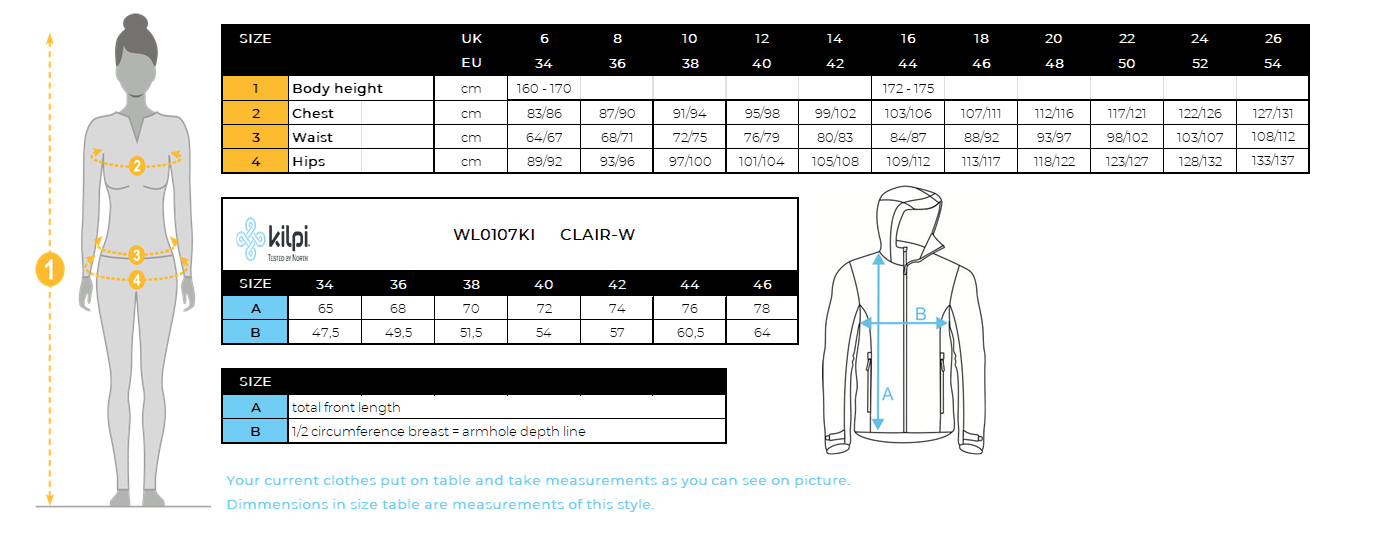 Women´s ski jacket Kilpi CLAIR-W – Size chart