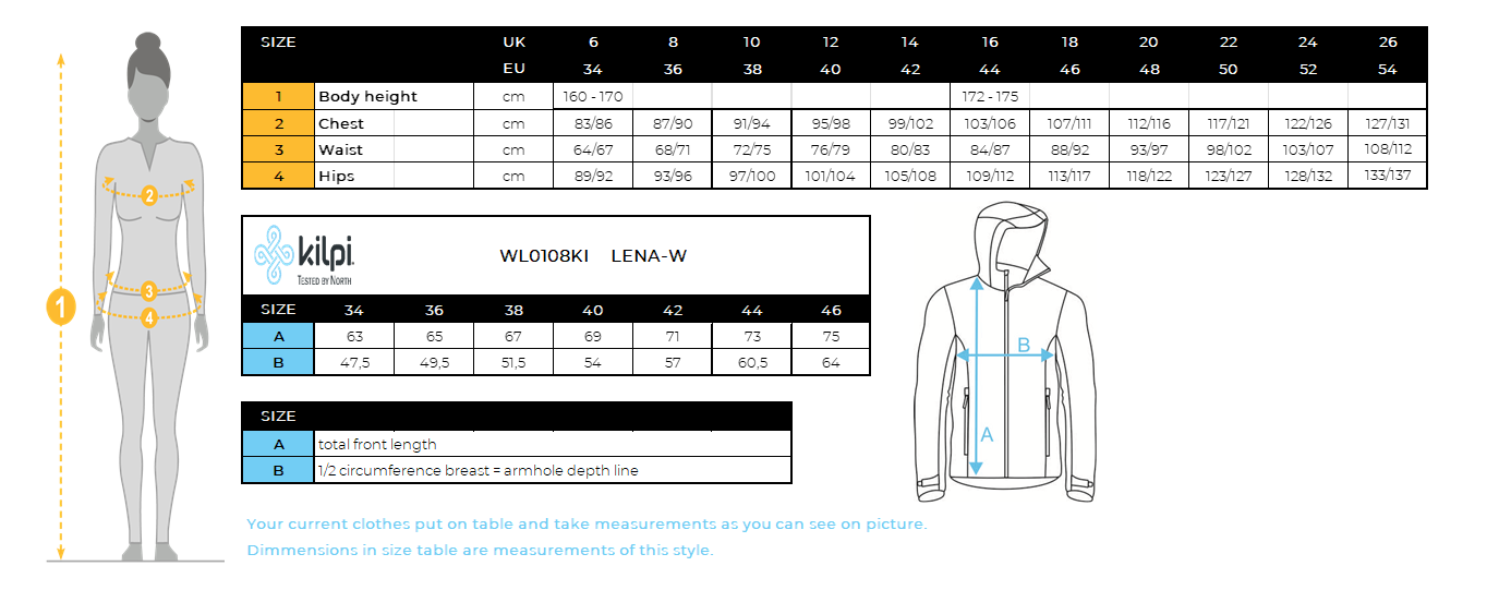 Damen-Skijacke Kilpi LENA-W – Größentabelle