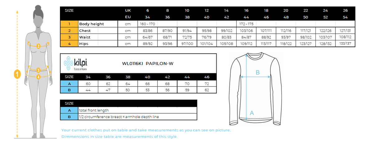 Damen Daunenjacke Kilpi PAPILON-W – Größentabelle